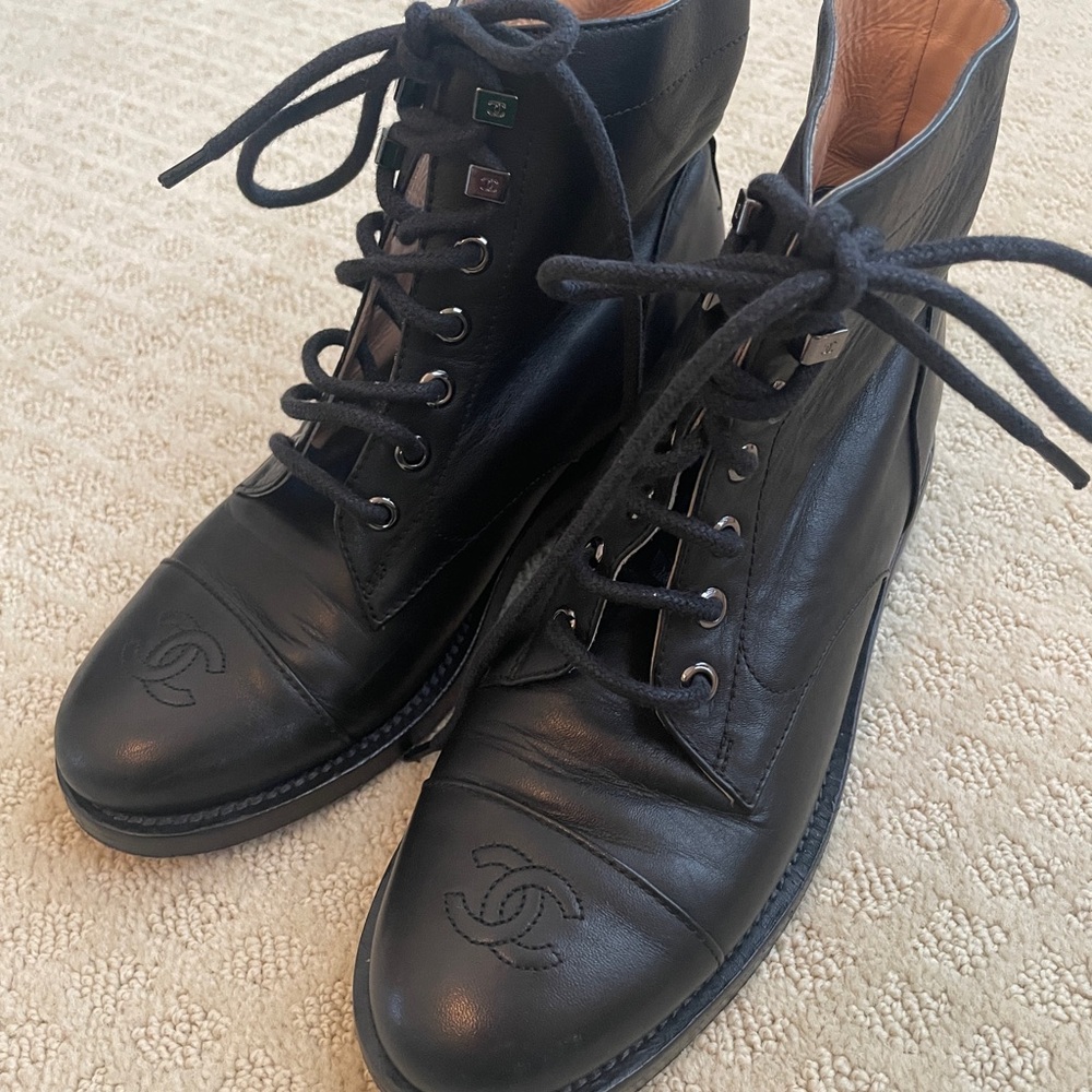 Chanel Black Leather Lace-Up Boots